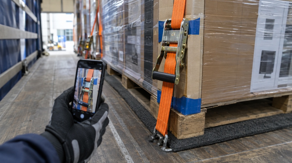 A pallet of boxed equipment secured with ratchet straps and edge protectors, photographed with a phone inside a trailer