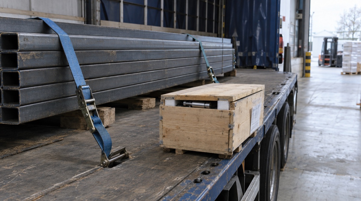 A strapped bundle of steel sections next to a small wooden crate of measuring instruments on a lorry trailer