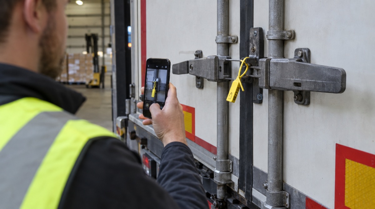 Ein Lagermitarbeiter fotografiert ein nummeriertes Plombensiegel an den Hecktüren eines Aufliegers